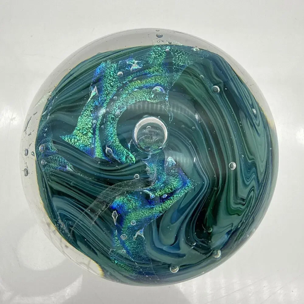 Signed Blue Green Swirl Art Glass Paperweight Control Bubbles Metallic Accents